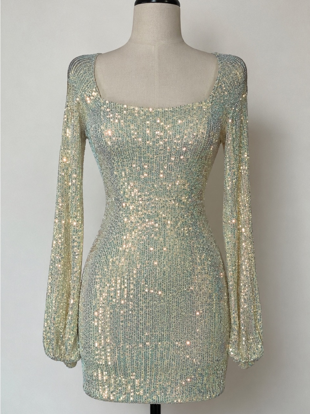 Emerald Sundae Pale Green Sequin Long-Sleeve Mini Dress